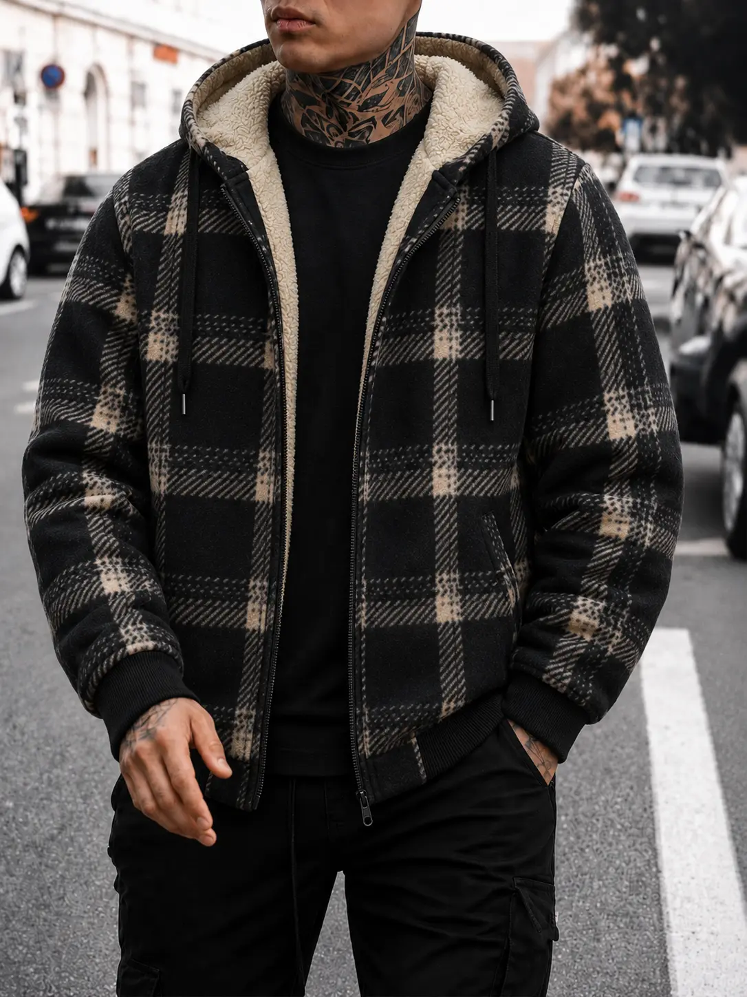 Single piece men’s vintage plaid fleece jacket with hood and zipper — thickened for autumn/winter, fully fleece-lined warmth; plaid jacket sold individually.