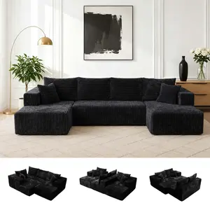 131.8" Cloud Modular Sectional Sofa with 1 Ottoman,Modern Minimalist Upholstered Couches, Comfort U Shaped Sofa for Living Room,Deep Seat Corner Couch，No Assembly Required (Black,Left Facing Chaise) deals for you day f x  sofa reversible design