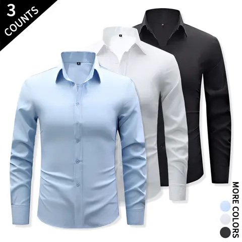 Men's 3-Pack Standard Slim Fit Long-Sleeve Button-Down Classical Shirts - Wrinkle-Free Stretch Fabric, Sky Blue + White + Black, Stretchy Sleeves Men's Casual Shirts for Corporate Office & Daily Commute