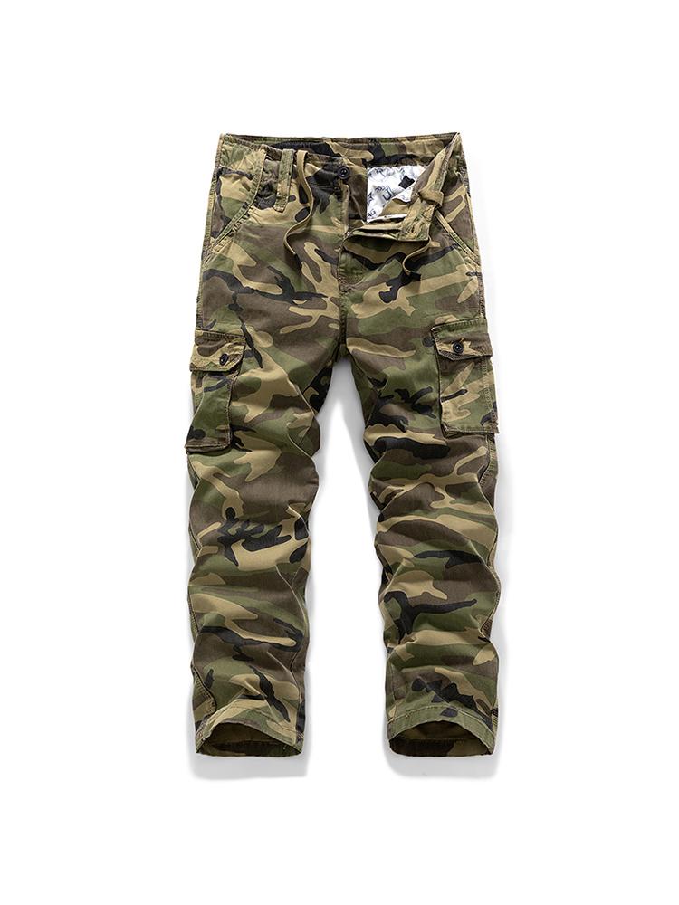 Clean Gent men&rsquo;s practical camouflage cargo pants with flap design and multiple pockets, made from cotton fabric&mdash;soft, comfortable, and breathable&mdash;with drawstring, zipper, and button closures; suitable for everyday commuting and a Father&rsquo;s Day gift.