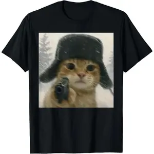Wacky Cat Wearing Ushanka Hat Meme Cat Humor T-Shirt