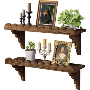 QsQueen Scalloped Wood Wall Shelf – 17 Inch Floating Shelf with Wood Brackets, Easy to Install Rustic Wall Shelf for Living Room, Bedroom, Bathroom, or Any Space