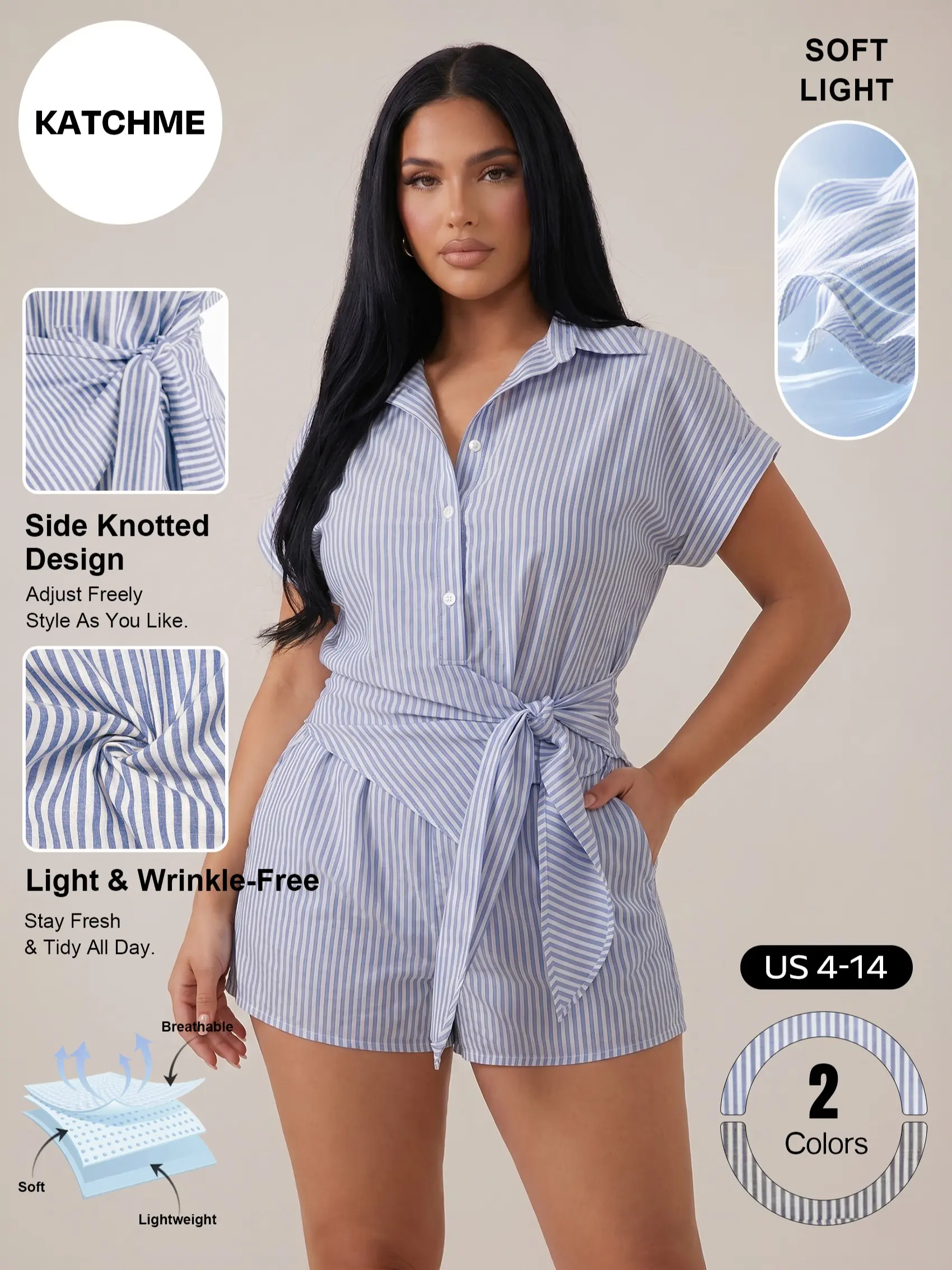Katch Me Chic Women's Versatile Collared Stripe Side Knotted Shirt & Shorts Co-ord, Basic Button-Up Blouse, Loose Two Piece Sets, Summer Lightweight Wrinkle-Resistant Going Out Outfit