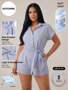 Katch Me Chic Women's Versatile Collared Stripe Side Knotted Shirt & Shorts Co-ord, Basic Button-Up Blouse, Loose Two Piece Sets, Summer Lightweight Wrinkle-Resistant Going Out Outfit