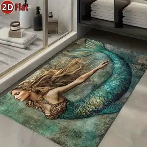 Mermaid Themed Art Floor Mat - Non-Slip Creative Teal Green Ocean Design Rug - Indoor Home Decor Entryway Bathroom Rug