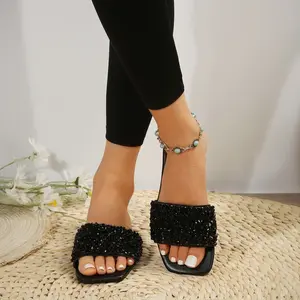 Women's Classic Slippers Black Rhinestone Slides Square Toe Design Indoor Outdoor Shoes  for a Luxurious Look