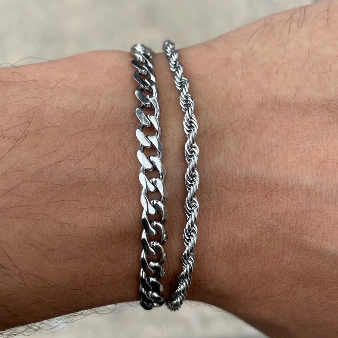 Silver 5mm Cuban Link & 3mm Rope Bracelet Set