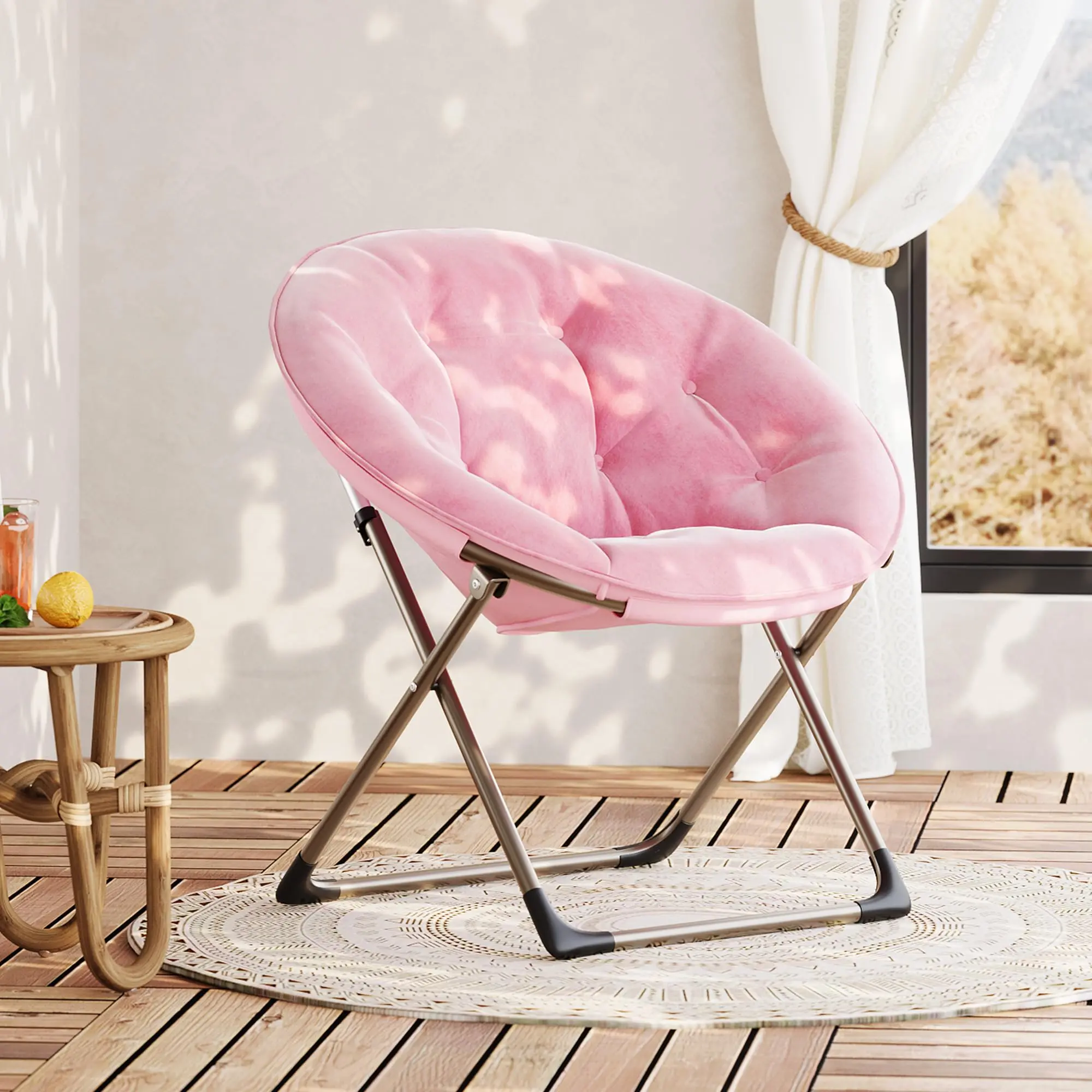 Comfy Oversized Saucer Chair–Soft Plush Fabric Reading Lounger for Adults, Stable X-Large Metal Frame Foldable Accent Lazy Chair for Bedroom, Pink