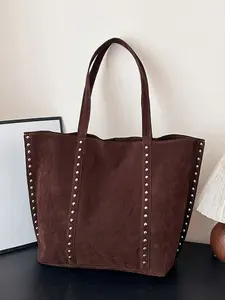 women's fashion solid color suede leather shoulder bag PU Tote Satchel with multiple pockets large capacity comes with a detachable accessory charm