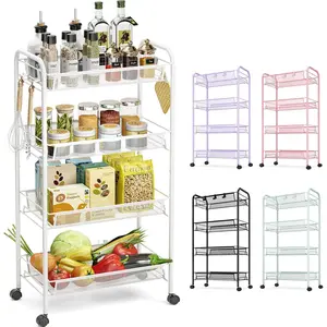 4-Tier Metal Rolling Utility Cart with 3 Hooks, Easy-to-Assemble Mobile Storage Trolley on Wheels, Metal Shelving Unit for Kitchen, Bathroom rack organizer