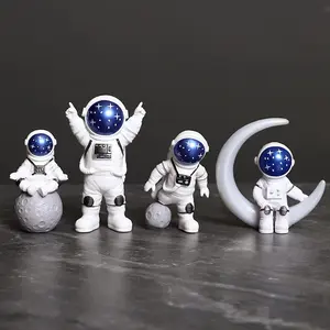4Pcs Blue White Astronaut Statues Set Spaceman Sculpture Figurines Outer Space Theme Decor for Nursery Room Cake Topper - Home Improvement. Decorative Gift