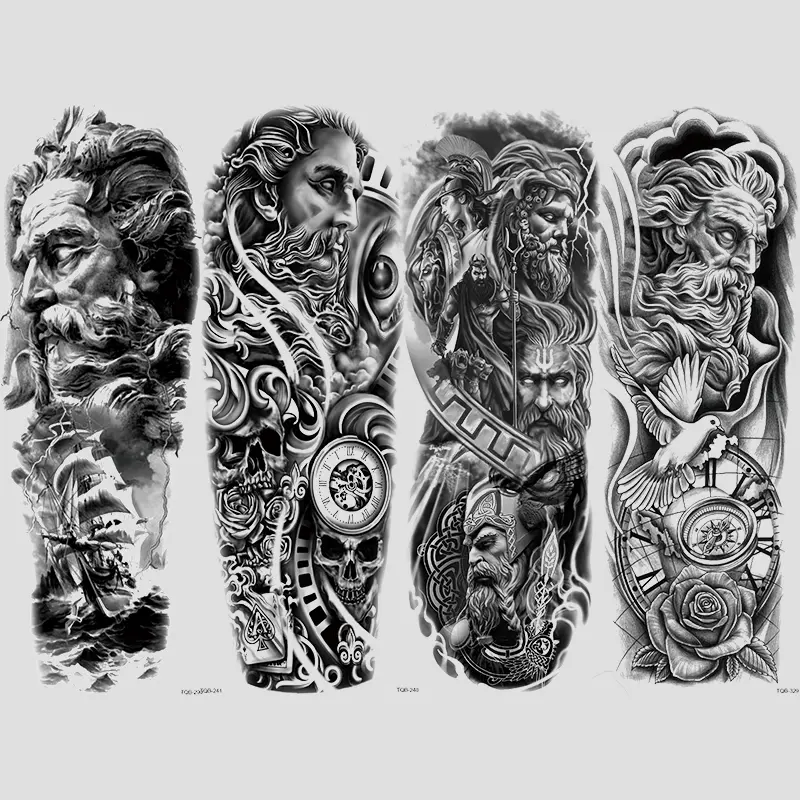 4-Piece Greek Mythology & Pirate Ship Temporary Tattoos, Waterproof Realistic Full Arm Sleeves, Long-Lasting Body Art Stickers for Men & Women, Fake Tattoos