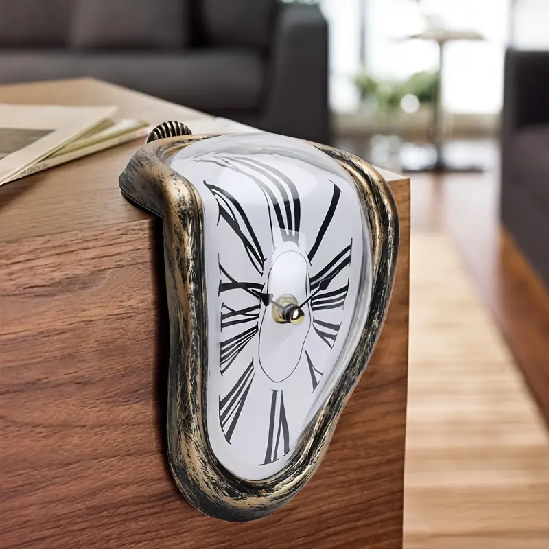 Dali Melting Twisted Decorative Silent Clock - Vintage Golden Industrial Style Mute Electronic Countertop Pendant for Study, Interior Home Decor Supplies, Decorative Clock