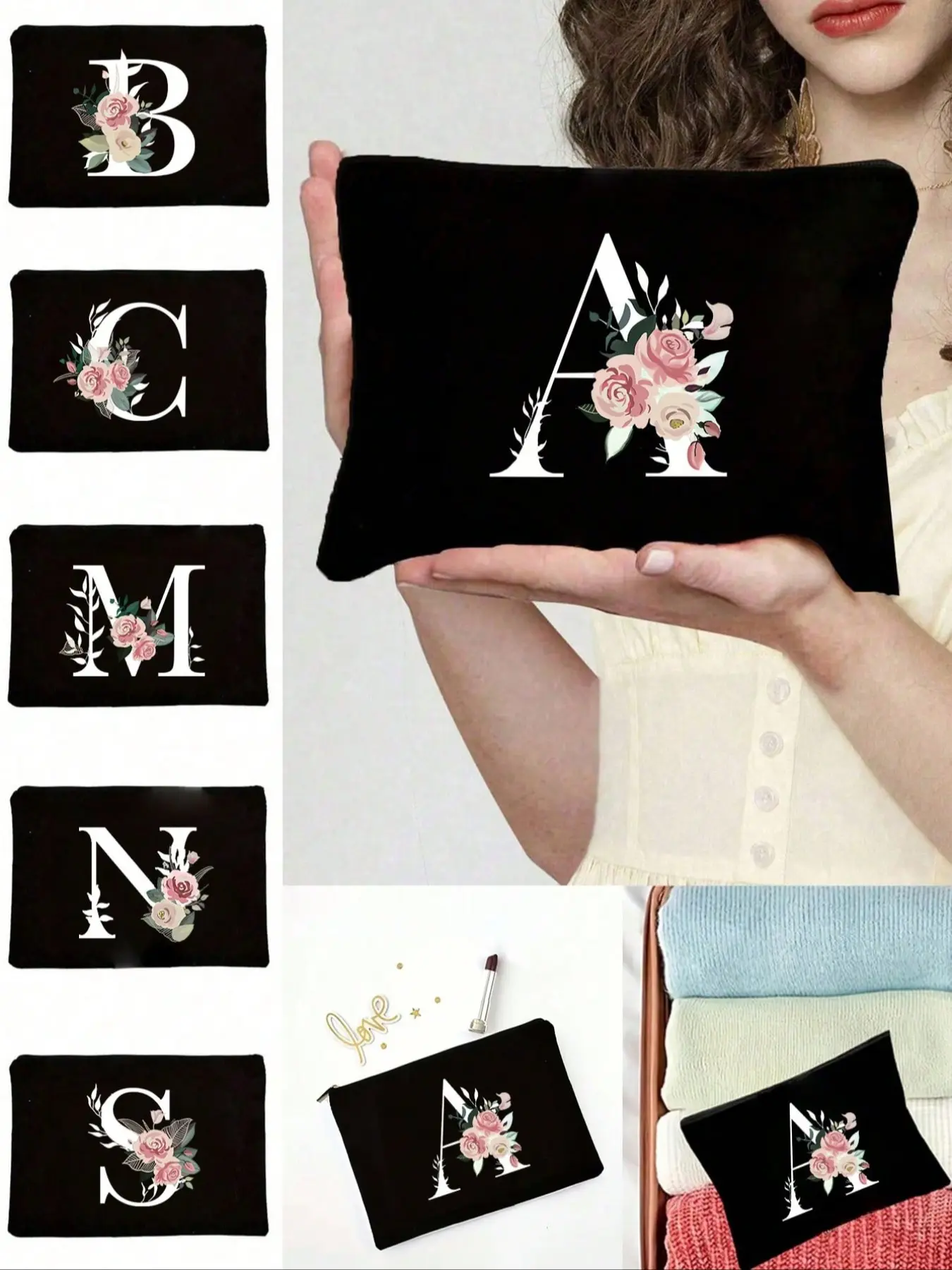 Personalized English Initials Cosmetic Bag, Flower White Letter Pattern Cosmetic Bag, Zipper Beauty Bag, Nail Polish Storage Bag, Makeup Brush Storage Bag, Multi-Functional Toiletry Bag, Cosmetic Pouch, Portable, Lightweight