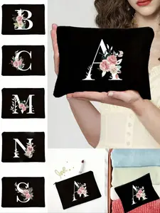 Personalized English Initials Cosmetic Bag, Flower White Letter Pattern Cosmetic Bag, Zipper Beauty Bag, Nail Polish Storage Bag, Makeup Brush Storage Bag, Multi-Functional Toiletry Bag, Cosmetic Pouch, Portable, Lightweight
