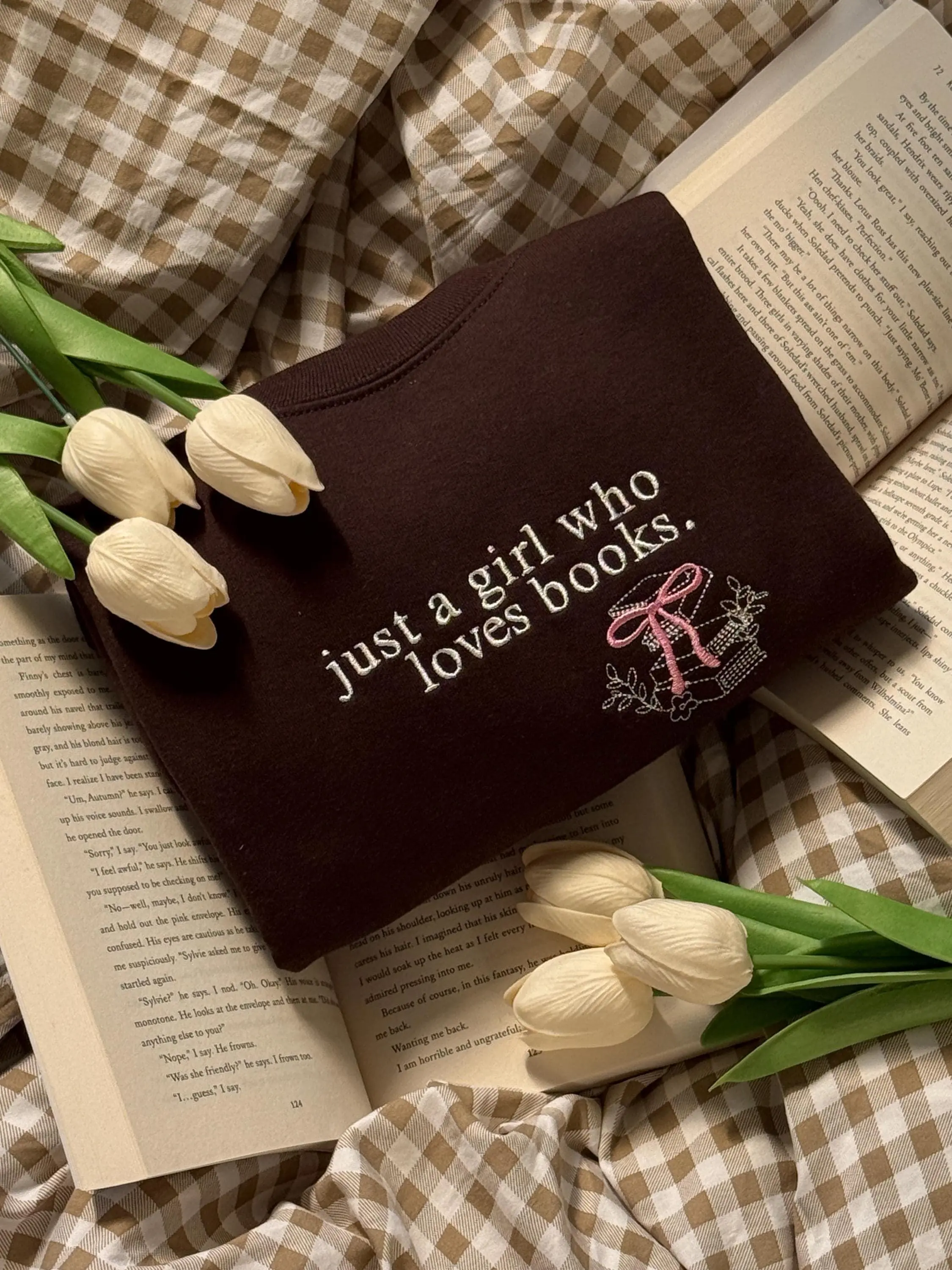 Just A Girl Who Loves Books Embroidered Crewneck Sweatshirts Book Lover Merch Bookish Gift