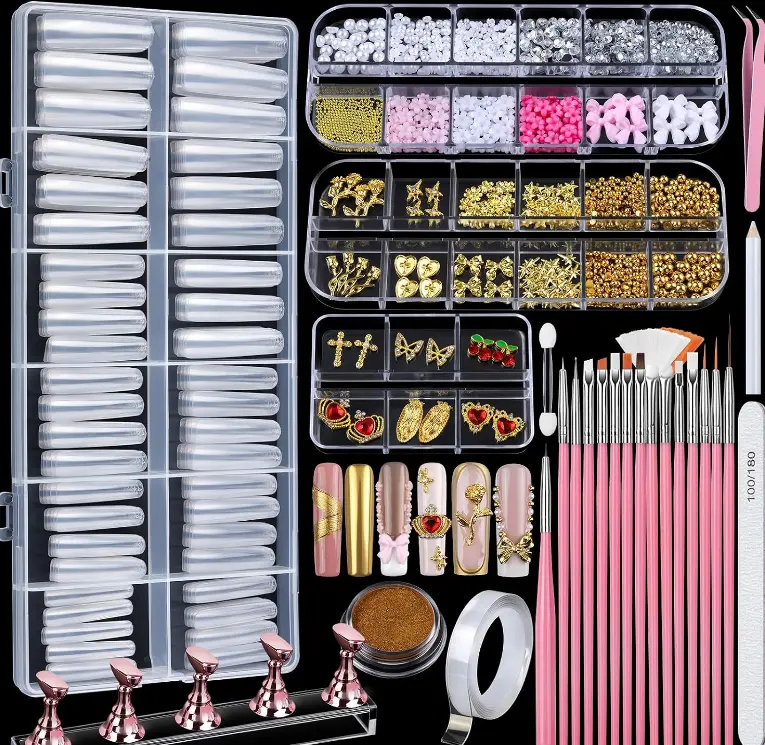 Teenitor Square Nail Tips with Nail Charms Nail Art Brushes, 240pcs XXL Fake Nails with Nail Stand for Extensions, Clear Acrylic Nail Tips Gel Nails Long Full Coverage