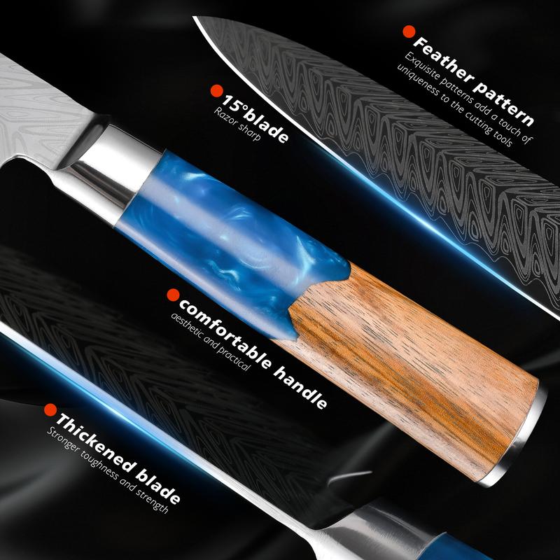 7-piece set - Blue Resin Damascus style Chef Knife Set - Professional grade knives, multifunctional knives, blue resin handle, high-end set, perfect for gift giving, one-stop solution for kitchen knife inconvenience, stunning appearance