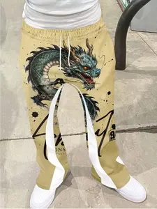 Men's Vintage Bird Print Loose Bell Bottoms, Drawstring Sport Pants, 3D Soft Breathable Fabric, Casual Fitted Long Pants for All Seasons