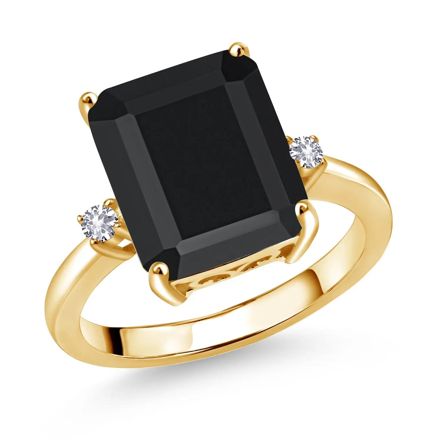 18K Yellow Gold Plated Silver 12X10MM Black Onyx and 2MM White Created Sapphire 3 Stone Engagement Ring For Women | 5.85 Cttw | Gemstone Birthstone | Size 5, 6, 7, 8, 9