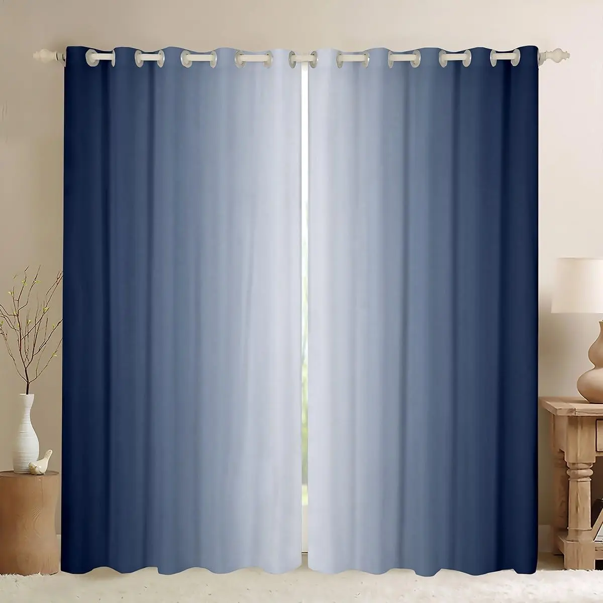 Feelyou 2-Panel Navy Blue and White Gradient Ombre Printed Geometric Darkening Curtains, 30%-50% Blackout Home Decoration Curtains, Household Textile Window Treatments for Men and Women, Home Decoration Curtain