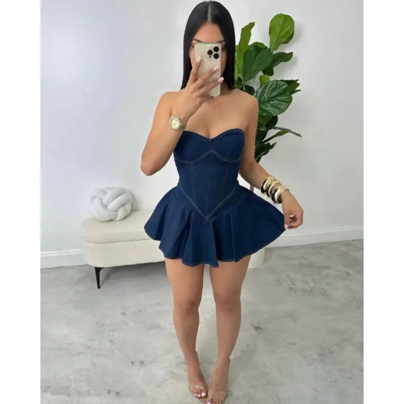 summer spring clothes 2025 new Chest Wrap Sexy Dress Women Sleeveless Backless Splicing Slim Fit Strapless Mini Dresses Sexy A Line Denim Vestidos