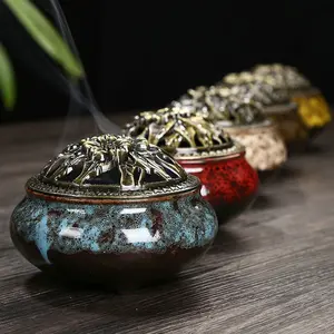 Ceramic Incense Burner for Sandalwood & Coil Incense Retro Alloy Lid Ice Crack Kiln Glaze Small Aromatherapy Furnishing Ornament Censer holder
