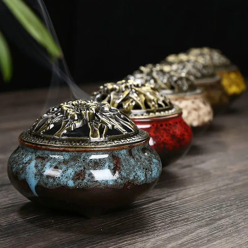 Ceramic Incense Burner for Sandalwood & Coil Incense Retro Alloy Lid Ice Crack Kiln Glaze Small Aromatherapy Furnishing Ornament Censer holder Ceramic Incense Burner for Sandalwood & Coil Incense Retro Alloy Lid Ice Crack Kiln Glaze Small Aromatherapy Furnishing Ornament Censer holder