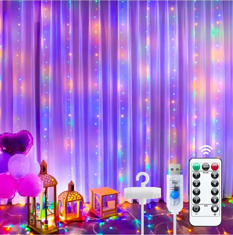 LED Curtain String Lights 300 LEDs 9.8ft x 9.8ft 8 Modes USB Powered Waterproof for Christmas Parties Festive Decor Includes USB Wall Adapter Remote Control Timer