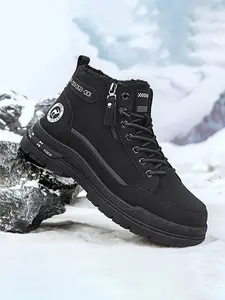 Men's Winter Pure Color Fleece Lined Warm Zipper Buckle Easy On-Off Versatile Thick Lightweight High Top Boots