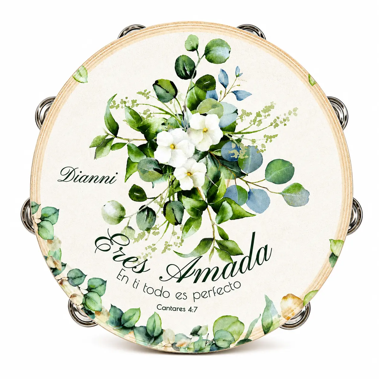 Premium Wood "You're Loved" Spanish Version Tambourine, Synthetic Leather, Non-Slip Grip, Metal Cymbals, Durable Hand Percussion Instrument