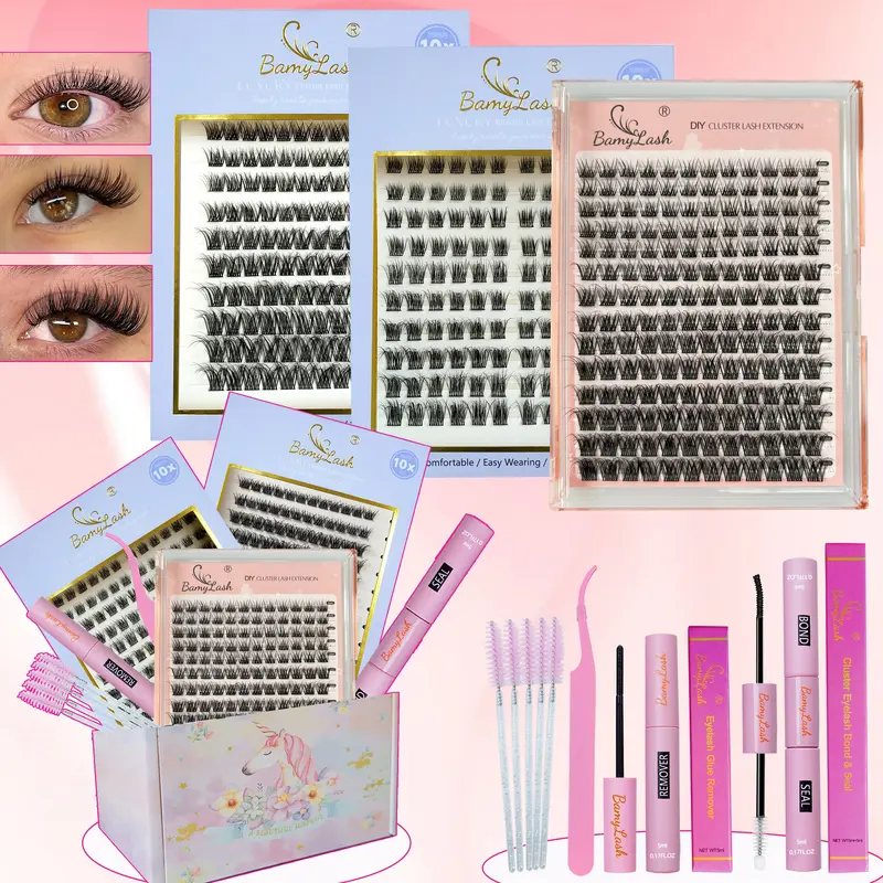Natural Wispy Fluffy Cluster Eyelash Set, DIY False Eyelashes Kit with bond seal remover and applicator, natural wispy for everyday use lashes, Eyelash Clusters Wispy