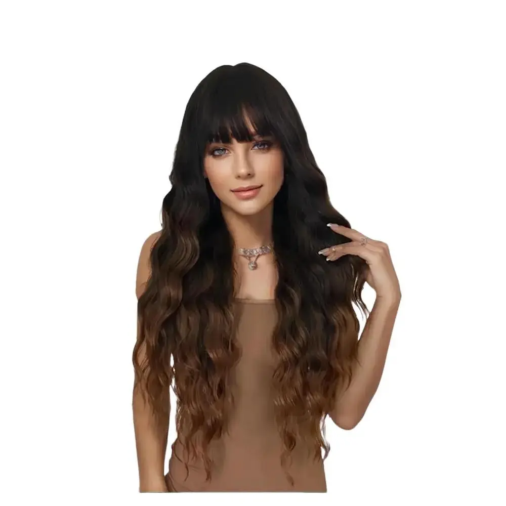 【Flash Sale】Long Black Mix Brown Wig with Bangs for Women Gilrs Natural Wavy Curly Synthetic Hair Wig for Daily Party Use