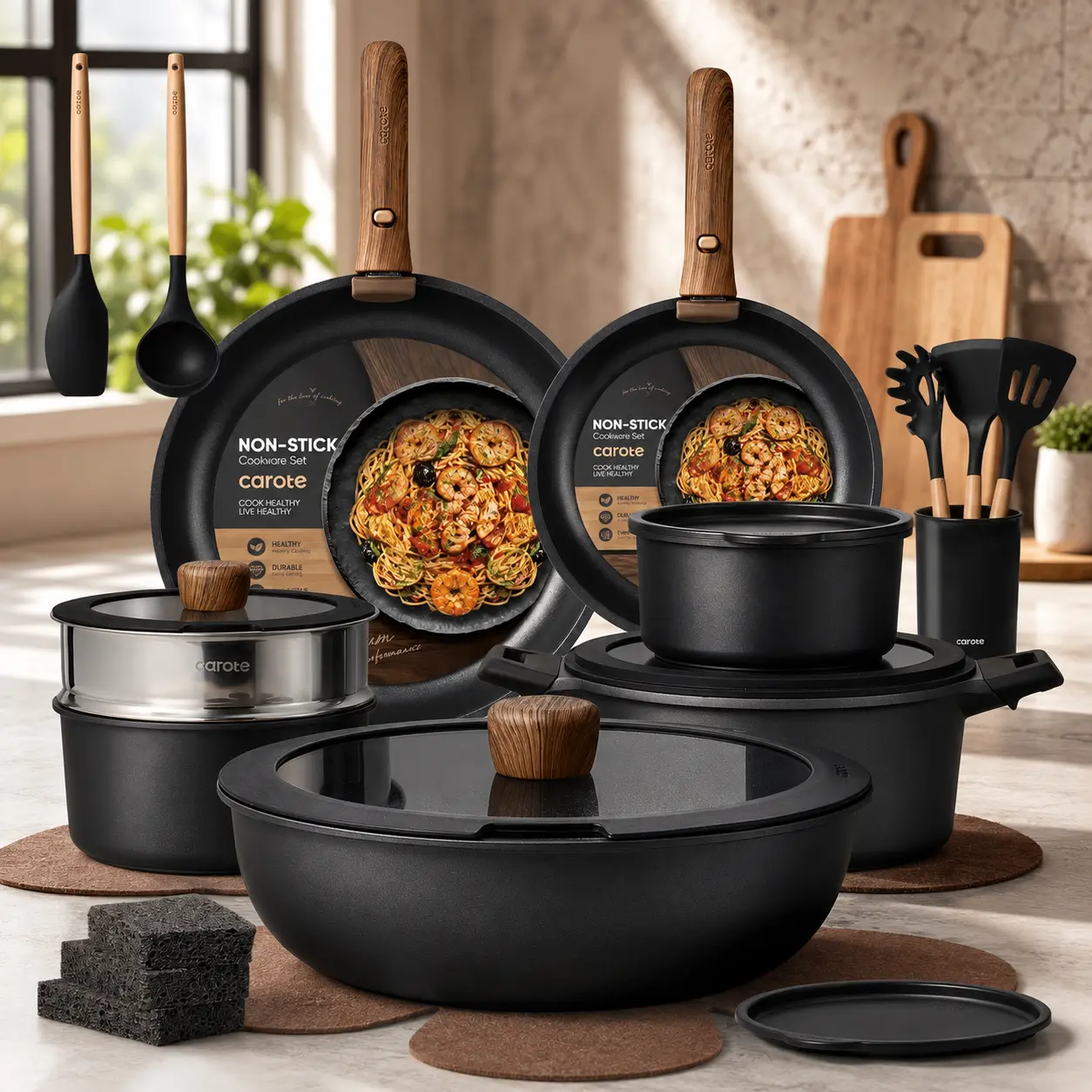 27-Piece Nonstick Cookware Set, Induction Pots and Pans Set with Granite Coating & Detachable Handles