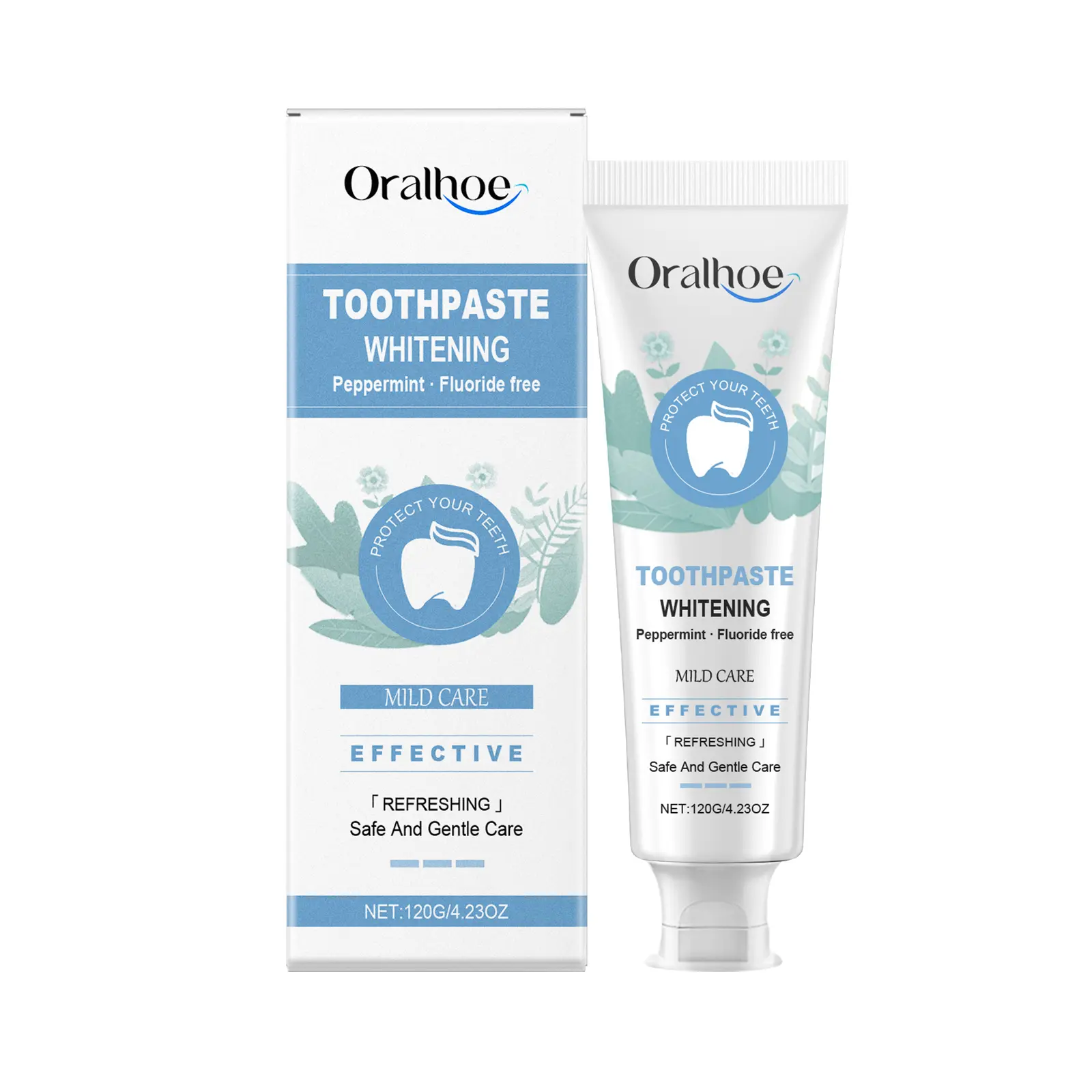 Stain Removal Whitening Toothpaste, Gentle Fluoride-Free Foaming Paste with Peppermint for Fresh Breath, Daily Care for Sensitive Teeth, 120g