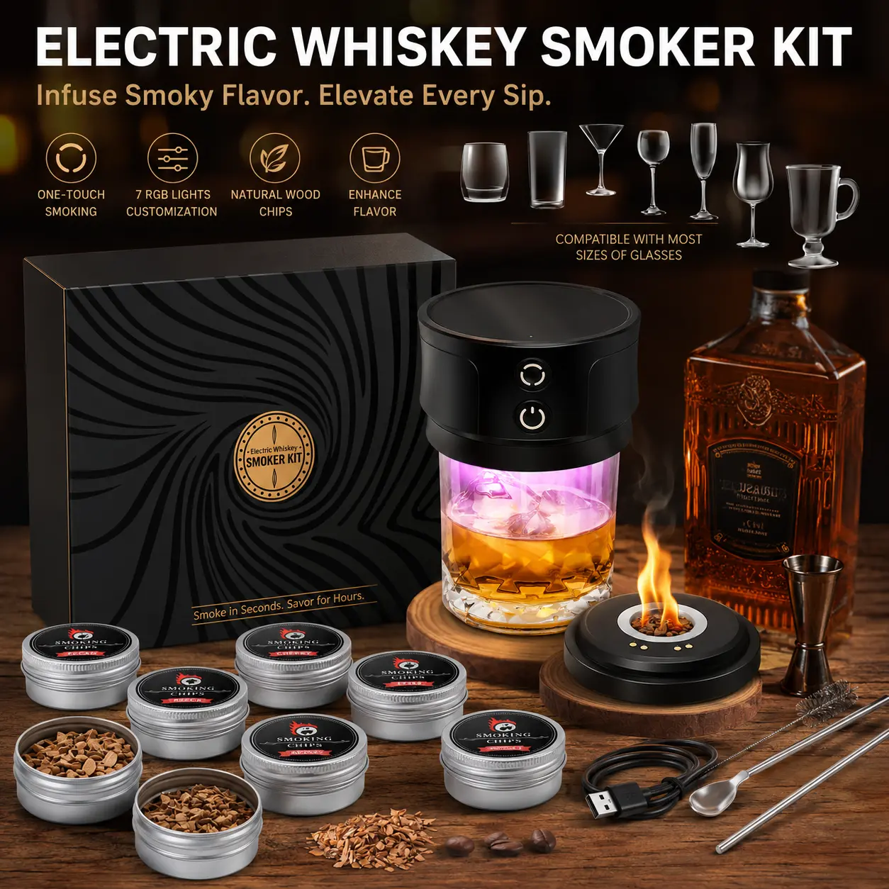 Rechargeable Whiskey Cocktail Smoker Kit with Lighter - RGB Light Drink Smoke Infuser, 6 Wood Chips | Christmas, Thanksgiving, Birthday Gifts for Men Him, Unique Anniversary Retirement Gift for Dad