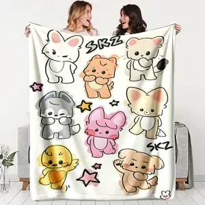Cute Skz Cartoon Theme Flannel Blanket, Soft Lightweight Warm, Perfect for Bed Sofa Office Travel, Multifunctional Gift, Home Decor, Cartoon Pattern Blanket