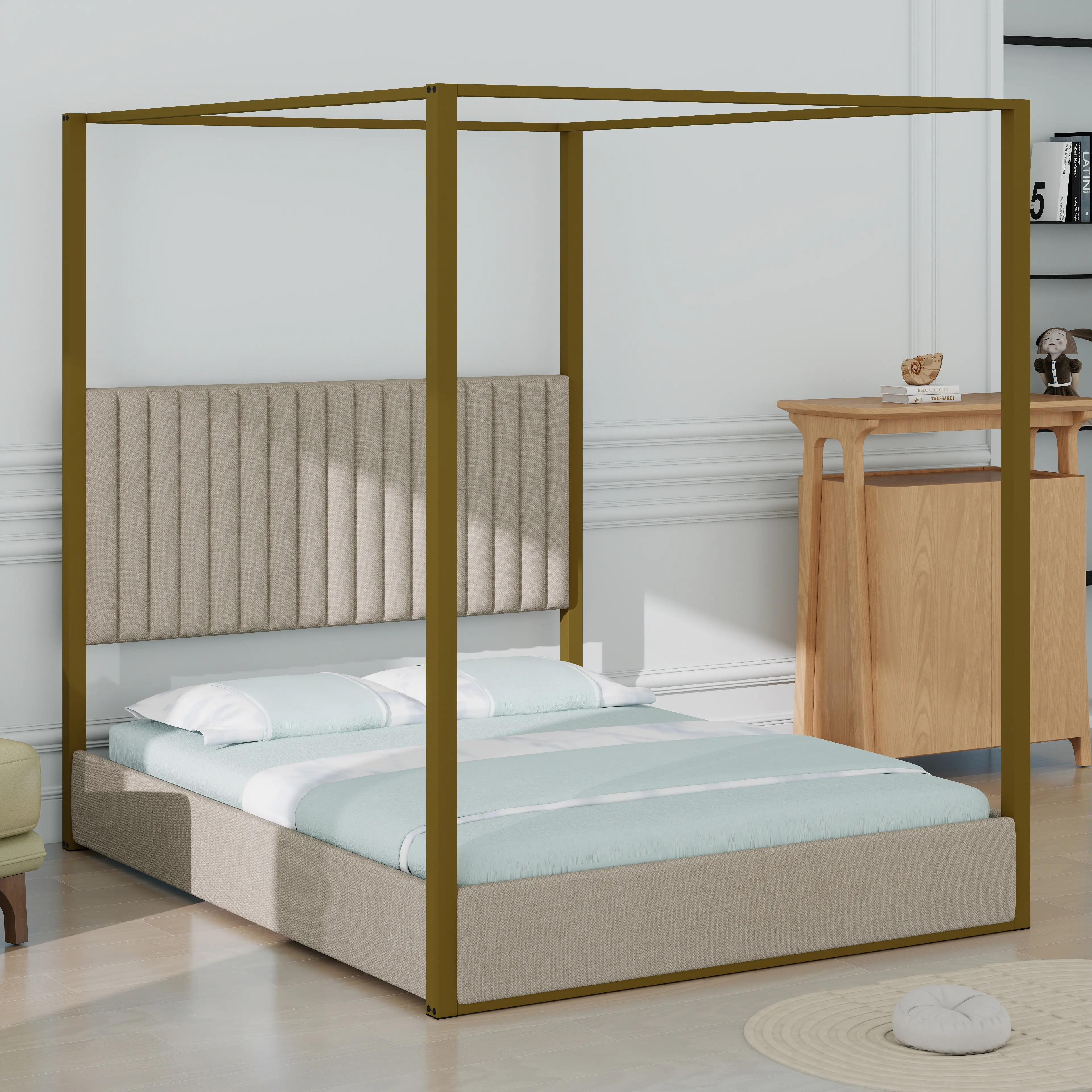 Queen Size Canopy Bed: Beige Fabric, Metal Frame & Padded Headboard