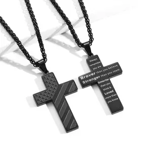 Black Crossflag Necklace,with Bible Verse & AmericanFlag,Inspirational Gift for Men Teens Boys Confirmation Birthday Cool Boyfriend Chain,Daily Accessories