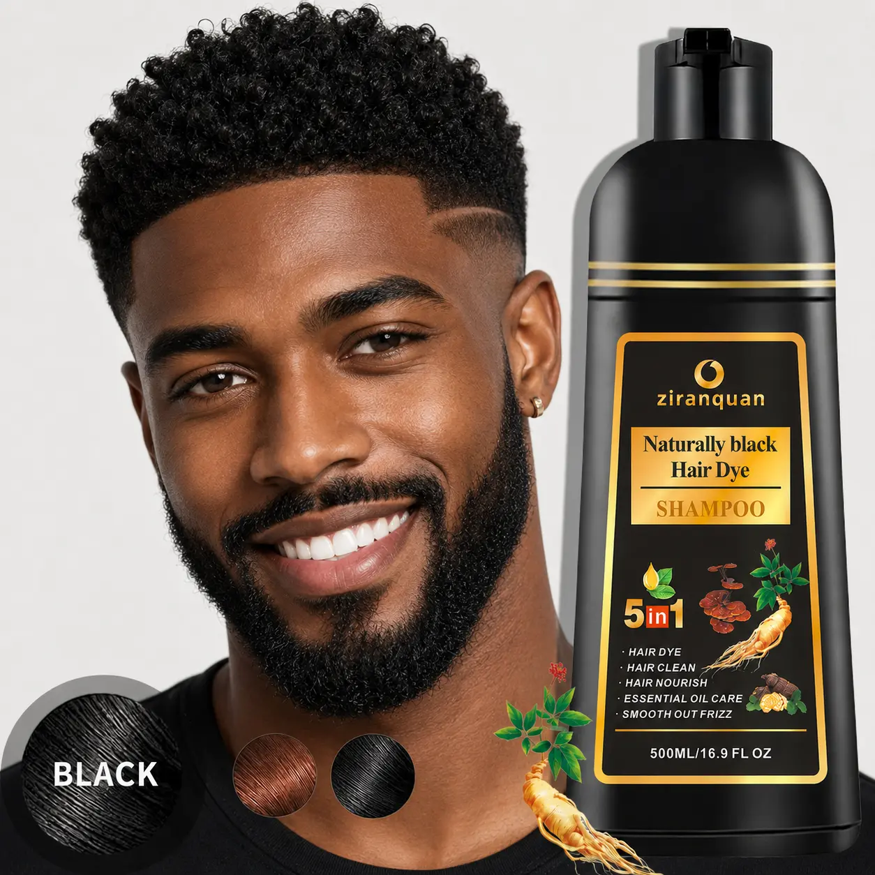 Instant Black Hair Dye Shampoo for Women Men 100% Gray Hair Coverage - Herbal Shampoo Hair Color with Ginseng & Ginger, 5 in 1 Ammonia Free PPD Free Color Depositing Hair Dye No Mix 10 Mins At Home Hair Color Kit 500ml 16.9 oz