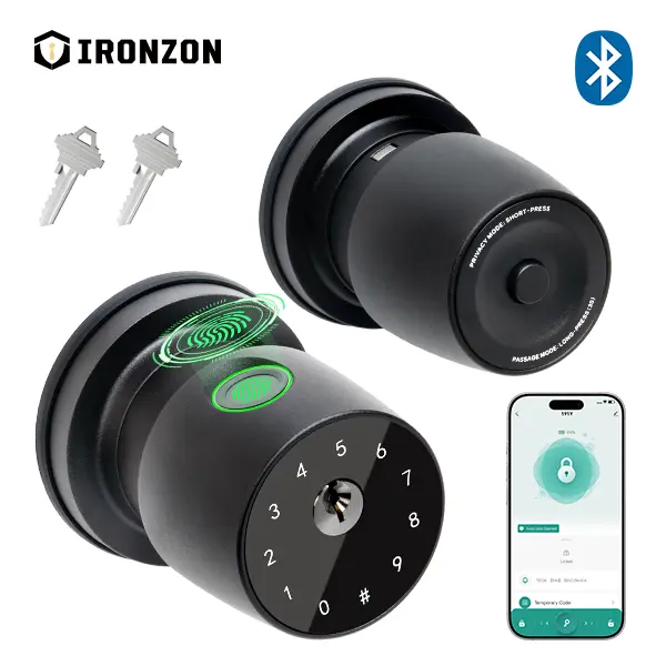 IRONZON 4-in-1 Smart Fingerprint Door Knob - Waterproof Keyless Lock with 4 Unlock Ways (Fingerprint, Keypad Code, Mechanical Key, App Control), 1-Tap Privacy Mode, Auto-Lock, Easy Installation for Indoor/Outdoor Doors (Matte Black, Satin Nickel)