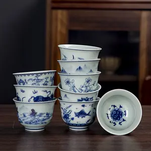 Antique Blue and White Porcelain Master Tea Cup Large Handmade Ceramic Tea Set with Underglaze Red Lotus Pattern