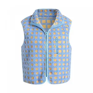 Womens Sherpa Fleece Vest Checkered Sleeveless Zip Up Warm Cardigan Polar Fleece Vest Jacket With Chest Pocket