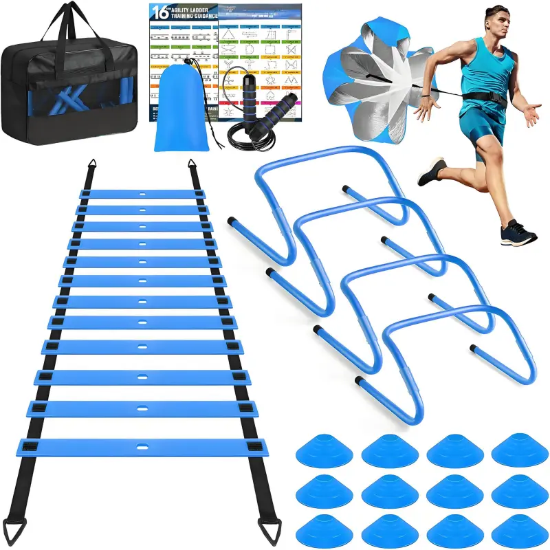 Agility Speed Training Equipment Set - Portable Kit for Athletes with 20ft Ladder with 12 Adjustable Rungs, 12 Disc Cones, 4 Hurdles, Jump Rope & Running Parachute for Soccer & Football Endurance, Cones Agility Training Equipment, Speed Parachute Agility