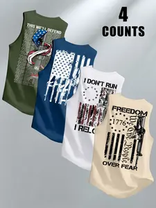 Men's American Flag Gun Graphic Print Sleeveless Vest Top, Trendy Street Casual Style, Perfect Gift, Summer Fashion Set of 4 Pieces, Menswear