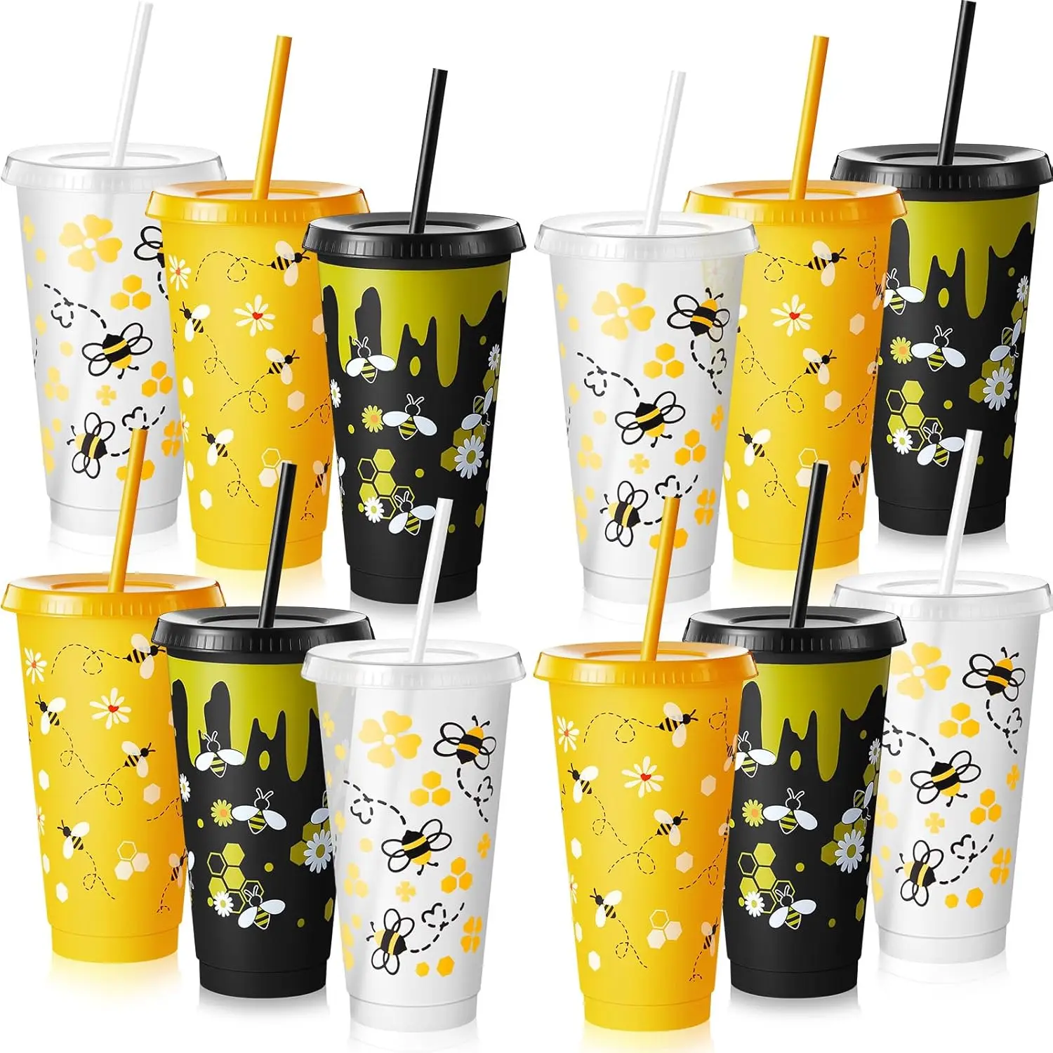 12 count Honey Bee Party Plastic Cups 24oz  Tumbler with Lid and Straw for Bee Birthday Party Decorations Honeycomb Supplies Favor