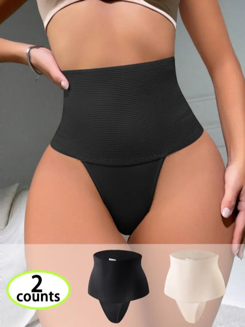 Women's High Waist Shapewear Thong Panties, Strong Elasticity Abdomen Control Butt Lifting, Daily Wear Slimming Underwear