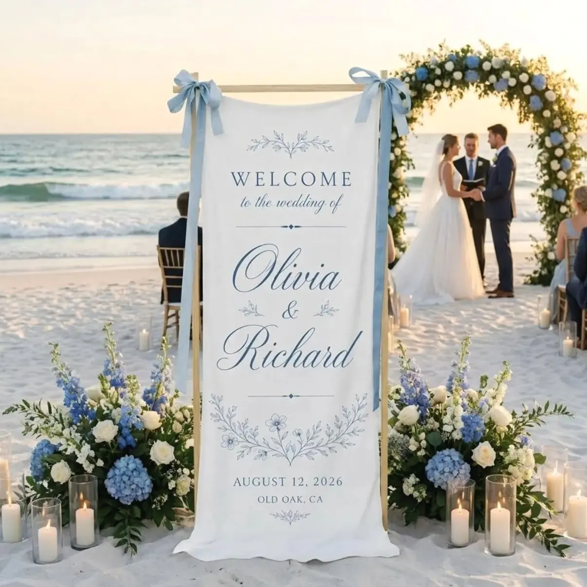 Personalized Wedding Welcome Tapestry, Microfiber Ceremony Banner, Custom Couple Names Sign (No Silk Ribbon)