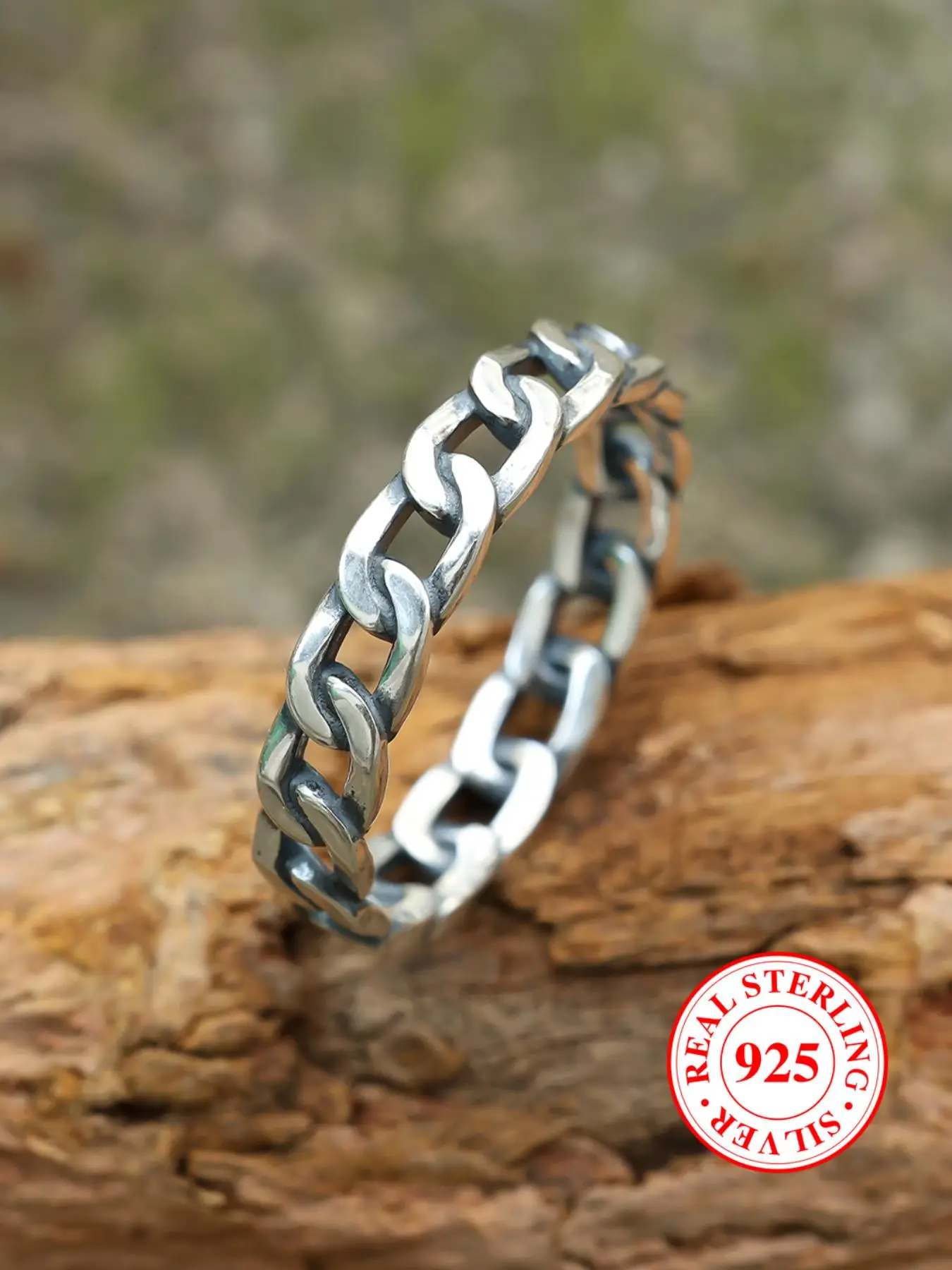 S925 Sterling Silver Vintage Punk Chain Design Ring, Fashion Hollow Out Ring for Party, Daily Decor, Trendy All-match & Exquisite Jewelry for Birthday