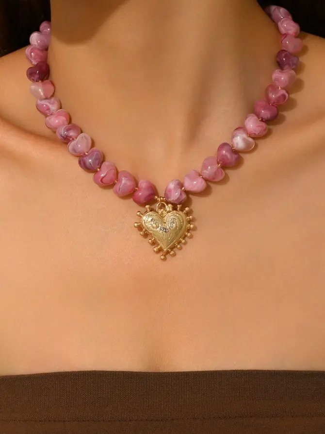 Heart Print Statement Necklace – Faux Turquoise Beaded Fashion Jewelry